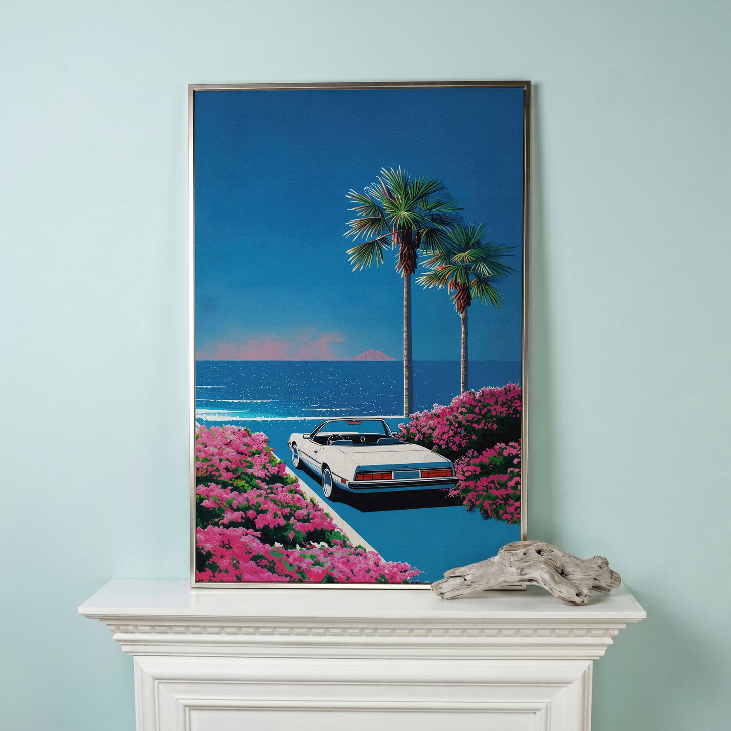 Retro Convertible Beach Canvas Print in silver floating frame