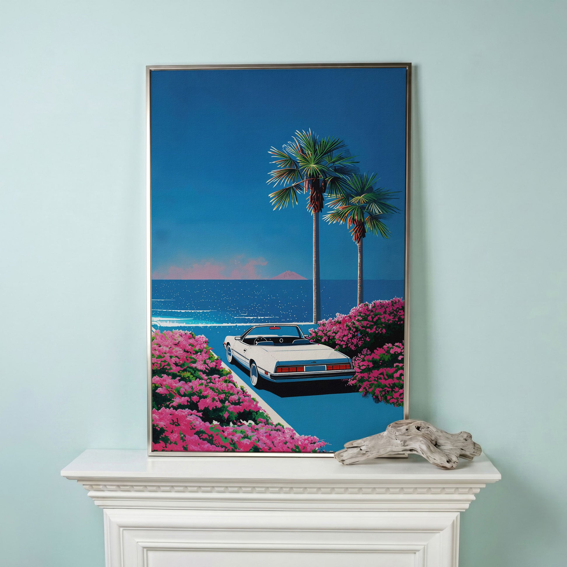 Retro Convertible Beach Canvas Print in silver floating frame