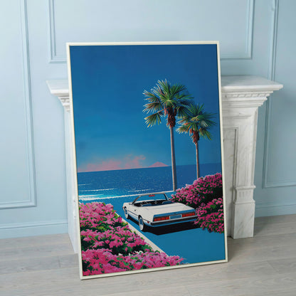 Retro Convertible Beach Canvas Print in white floating frame