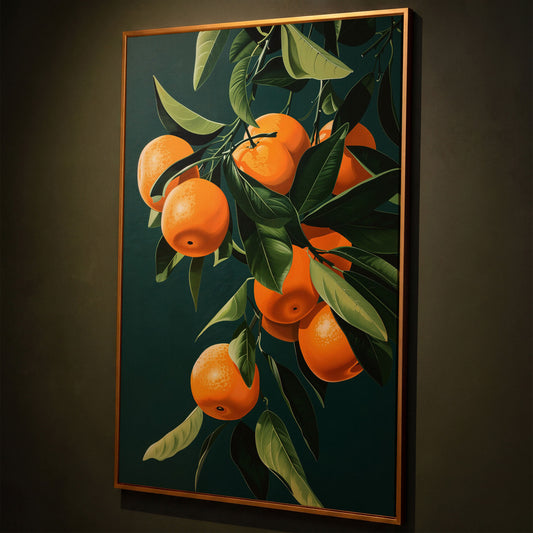 Fresh Citrus Branches Canvas Print shown in antique gold floating frame