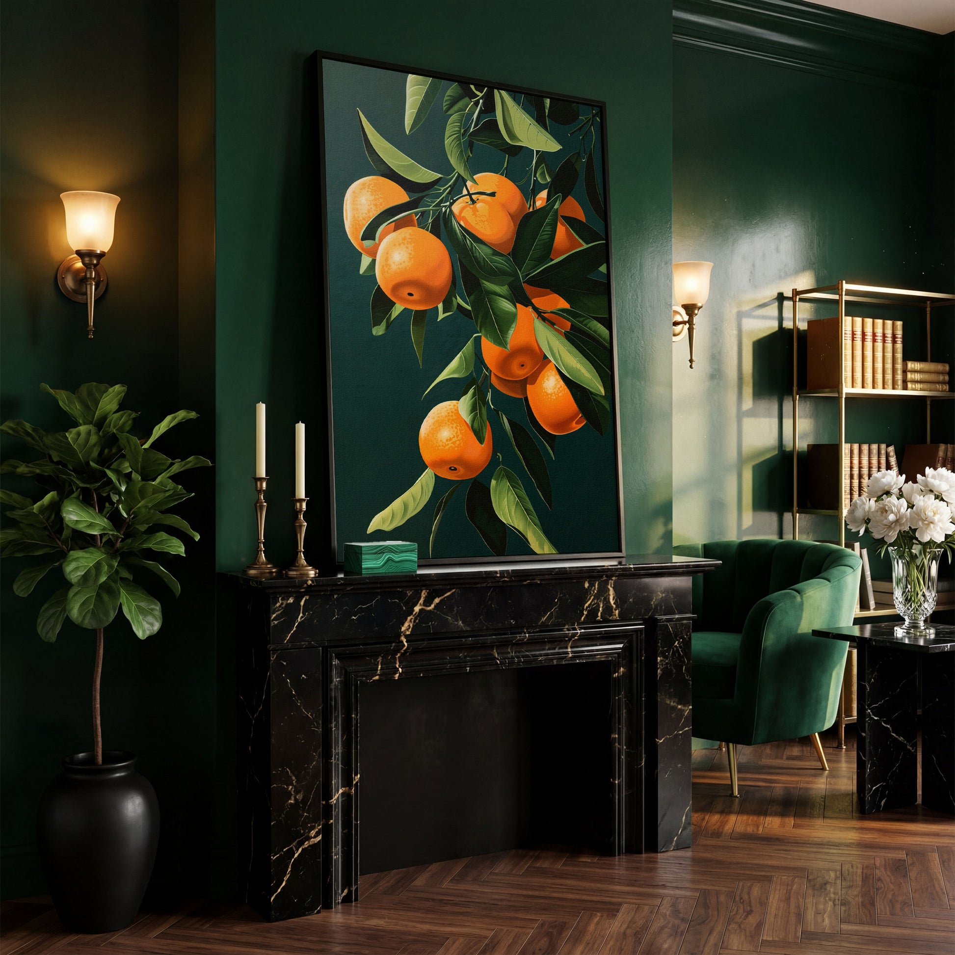 Fresh Citrus Branches Canvas Print in black floating frame