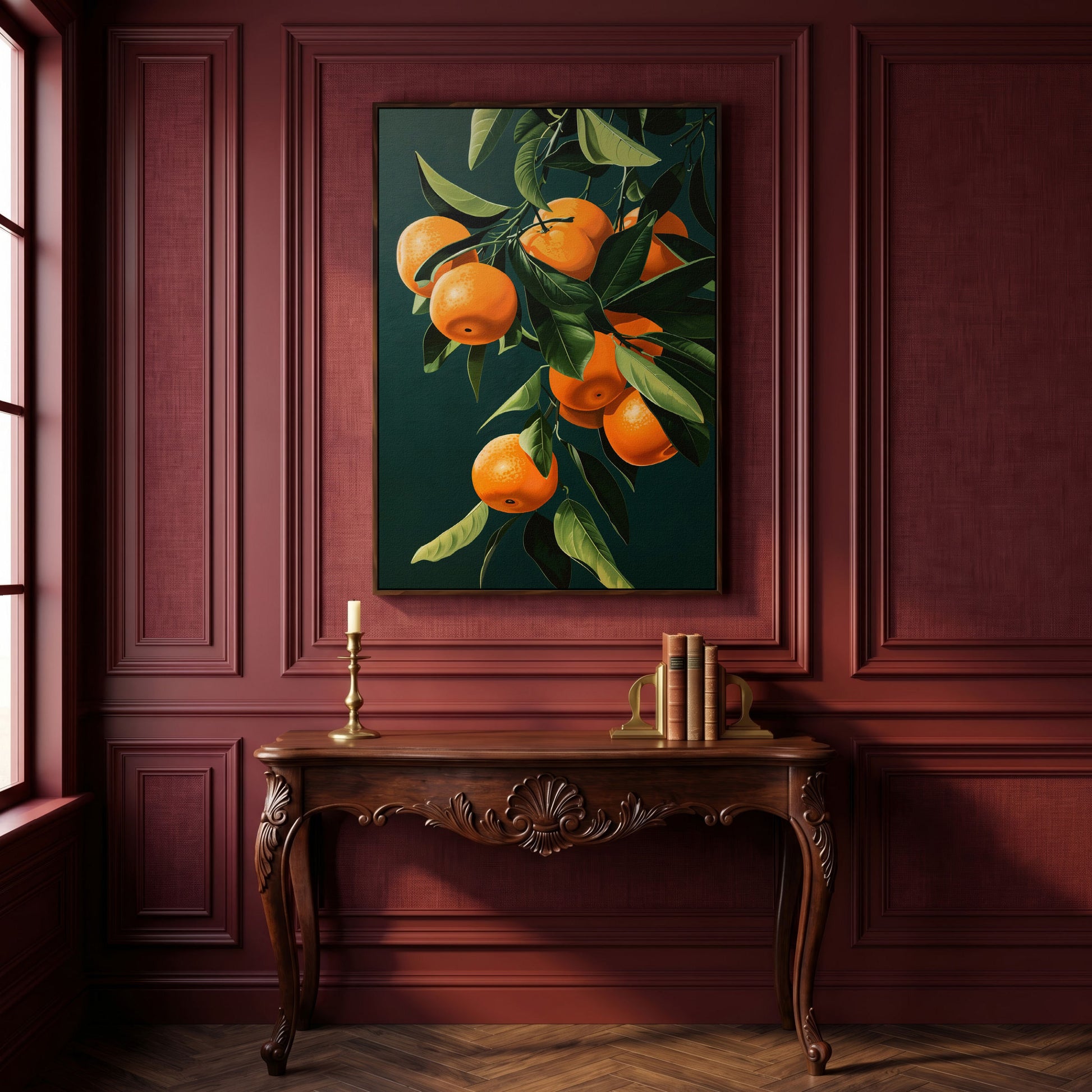 Fresh Citrus Branches Canvas Print in dark walnut floating frame