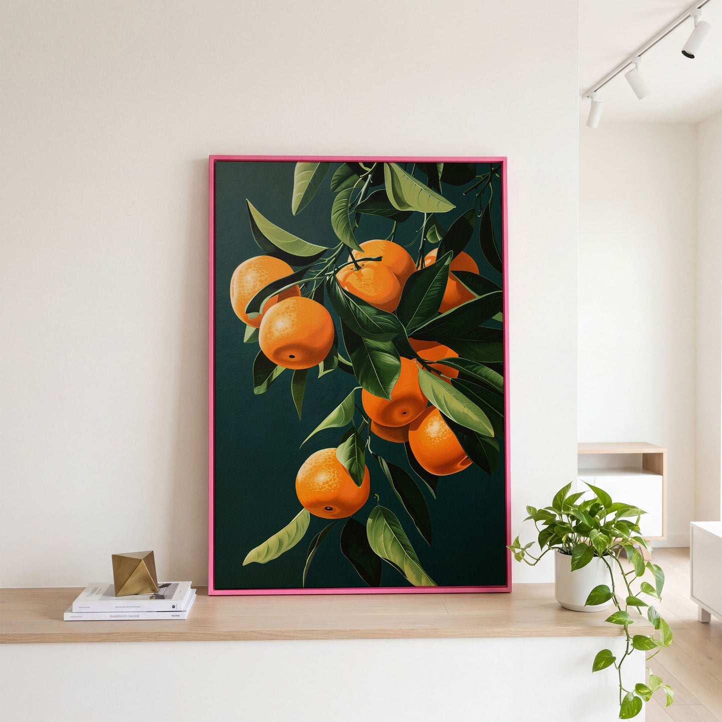 Fresh Citrus Branches Canvas Print in pink floating frame