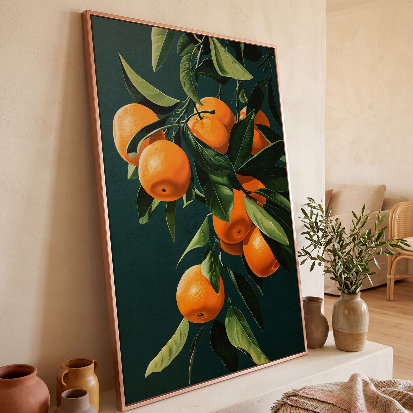 Fresh Citrus Branches Canvas Print in rose gold floating frame