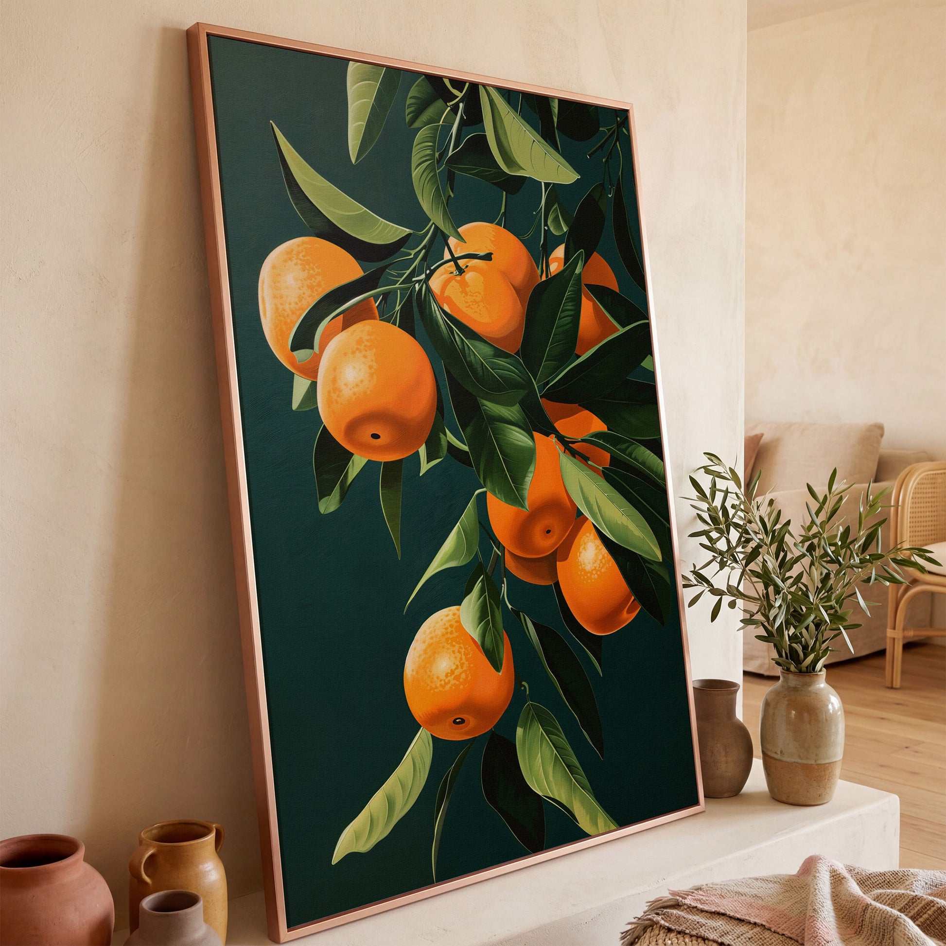 Fresh Citrus Branches Canvas Print in rose gold floating frame