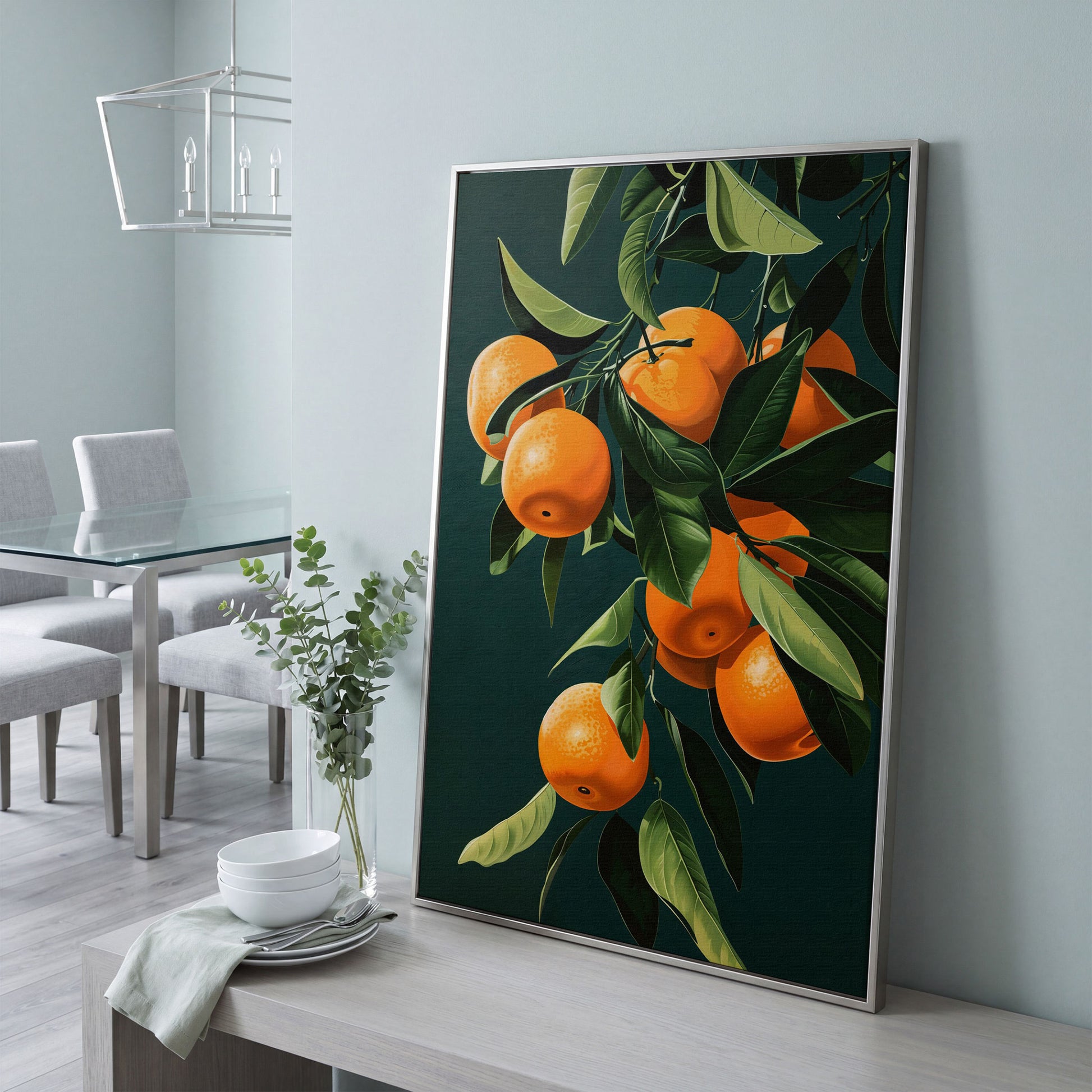 Fresh Citrus Branches Canvas Print in silver floating frame