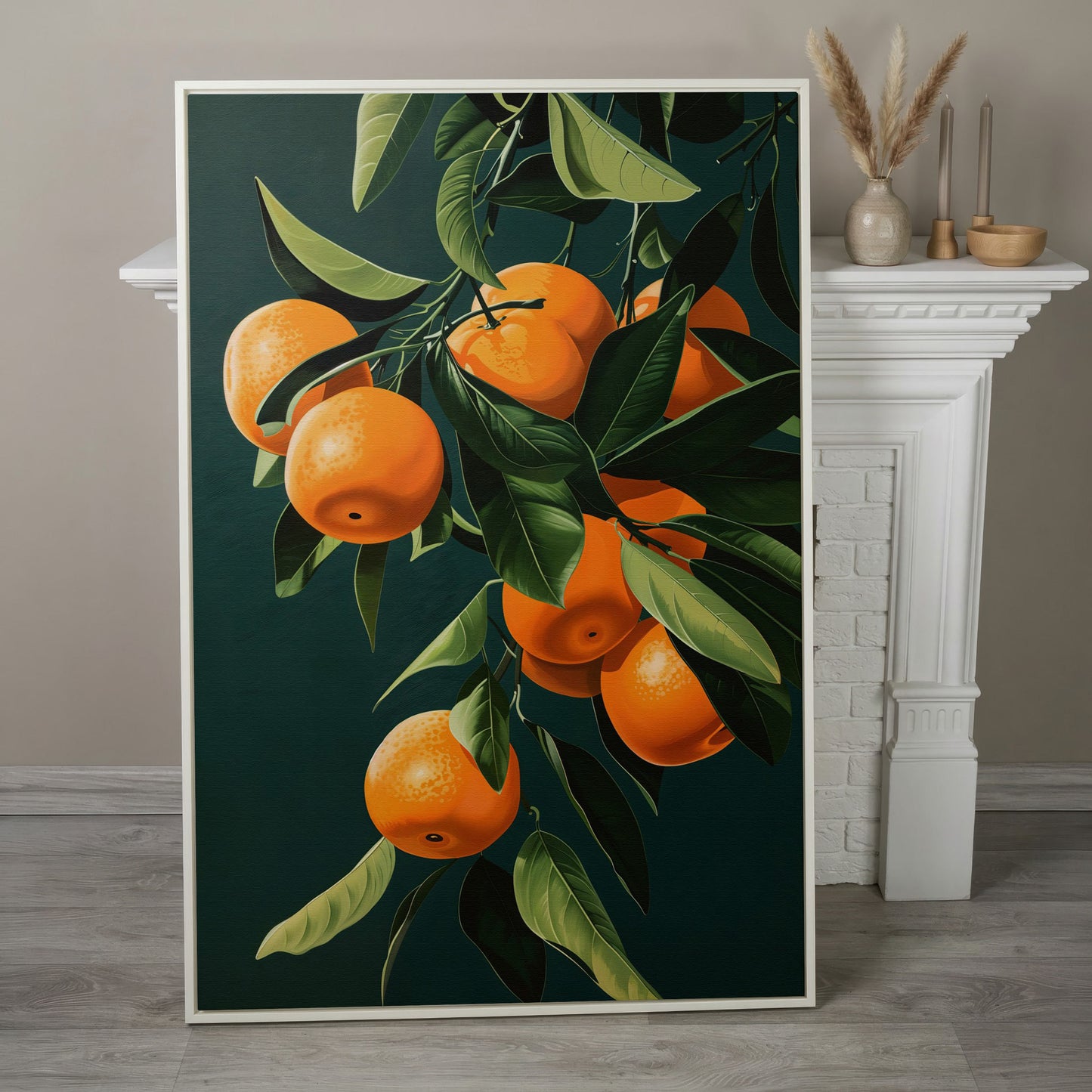 Fresh Citrus Branches Canvas Print in white floating frame