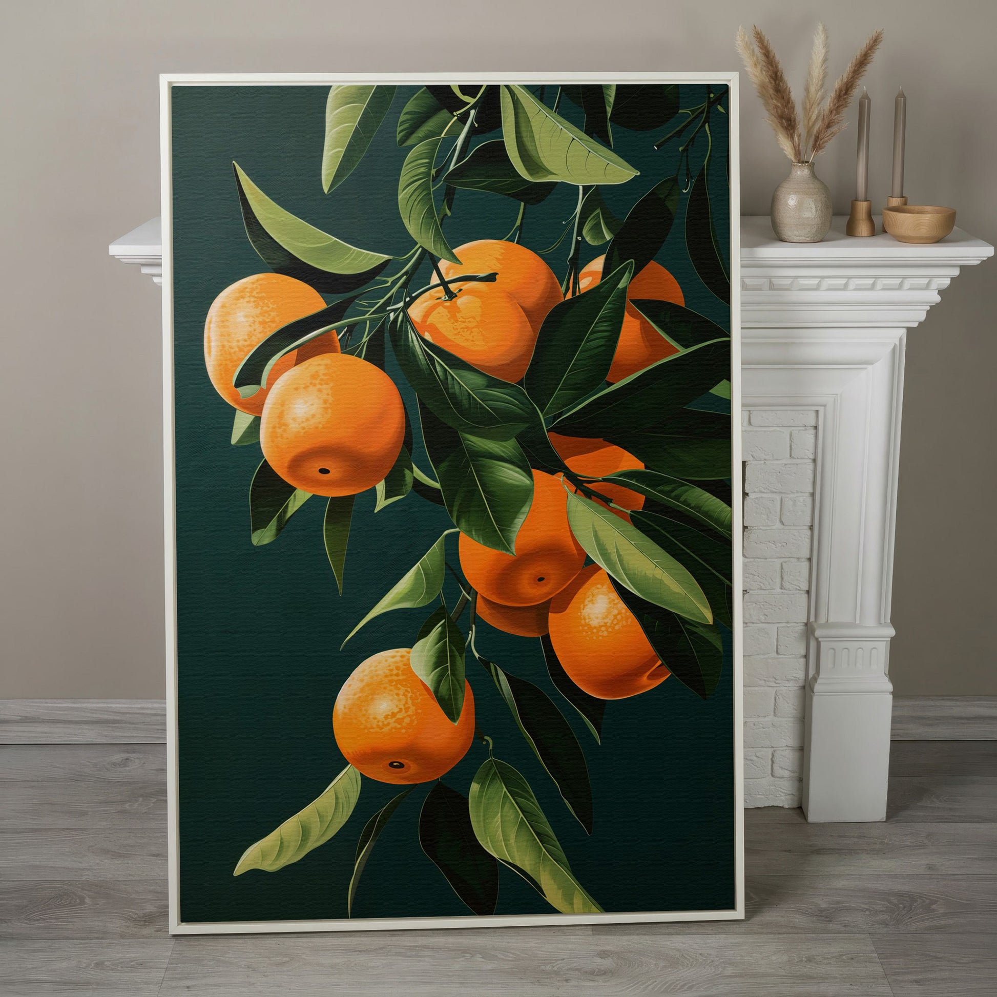 Fresh Citrus Branches Canvas Print in white floating frame
