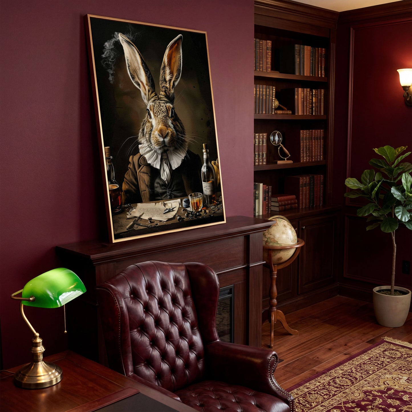 Victorian Bunny with Whiskey Canvas Print in antique gold floating frame