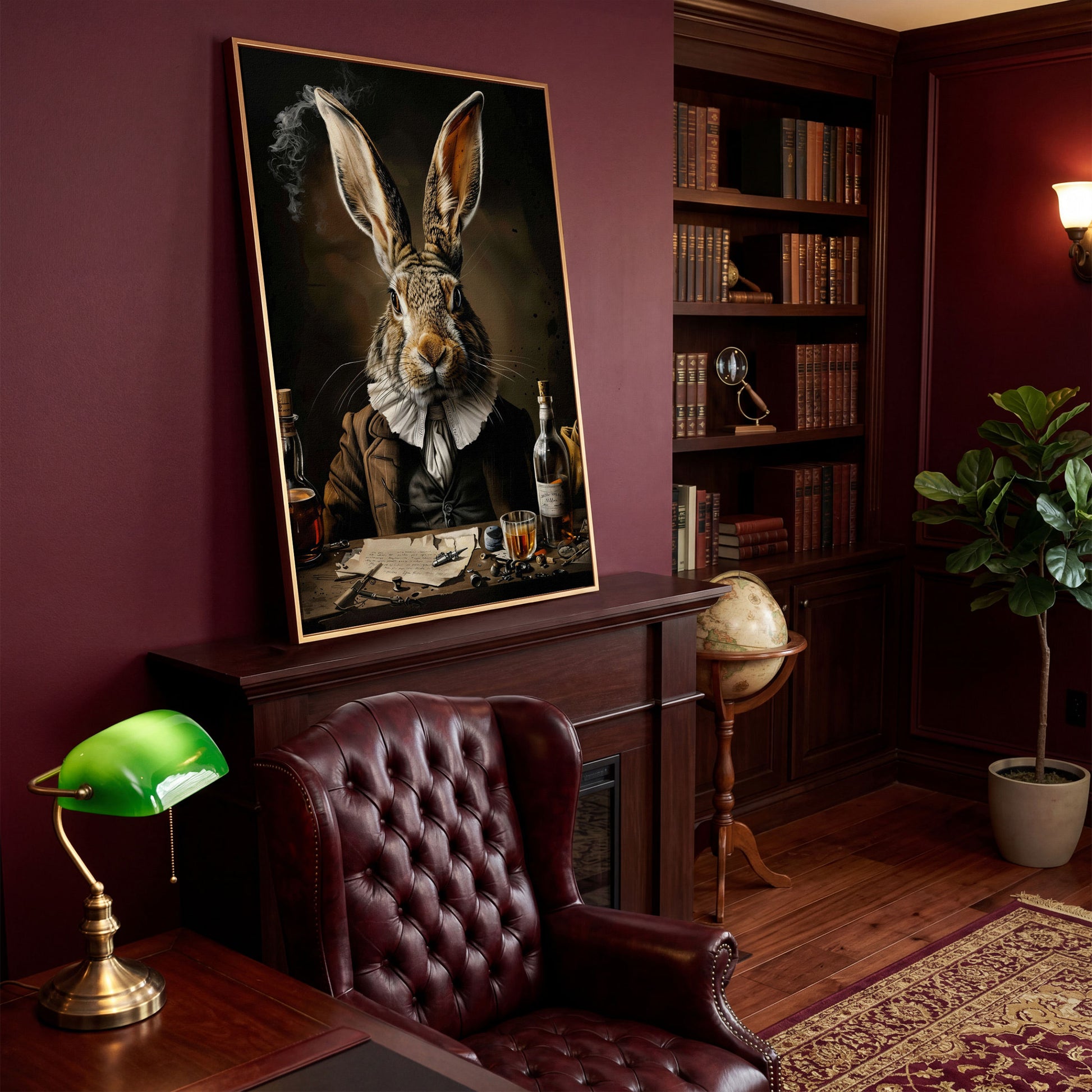 Victorian Bunny with Whiskey Canvas Print in antique gold floating frame
