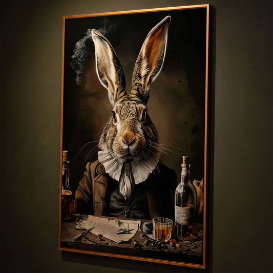 Victorian Bunny with Whiskey Canvas Print shown in antique gold floating frame