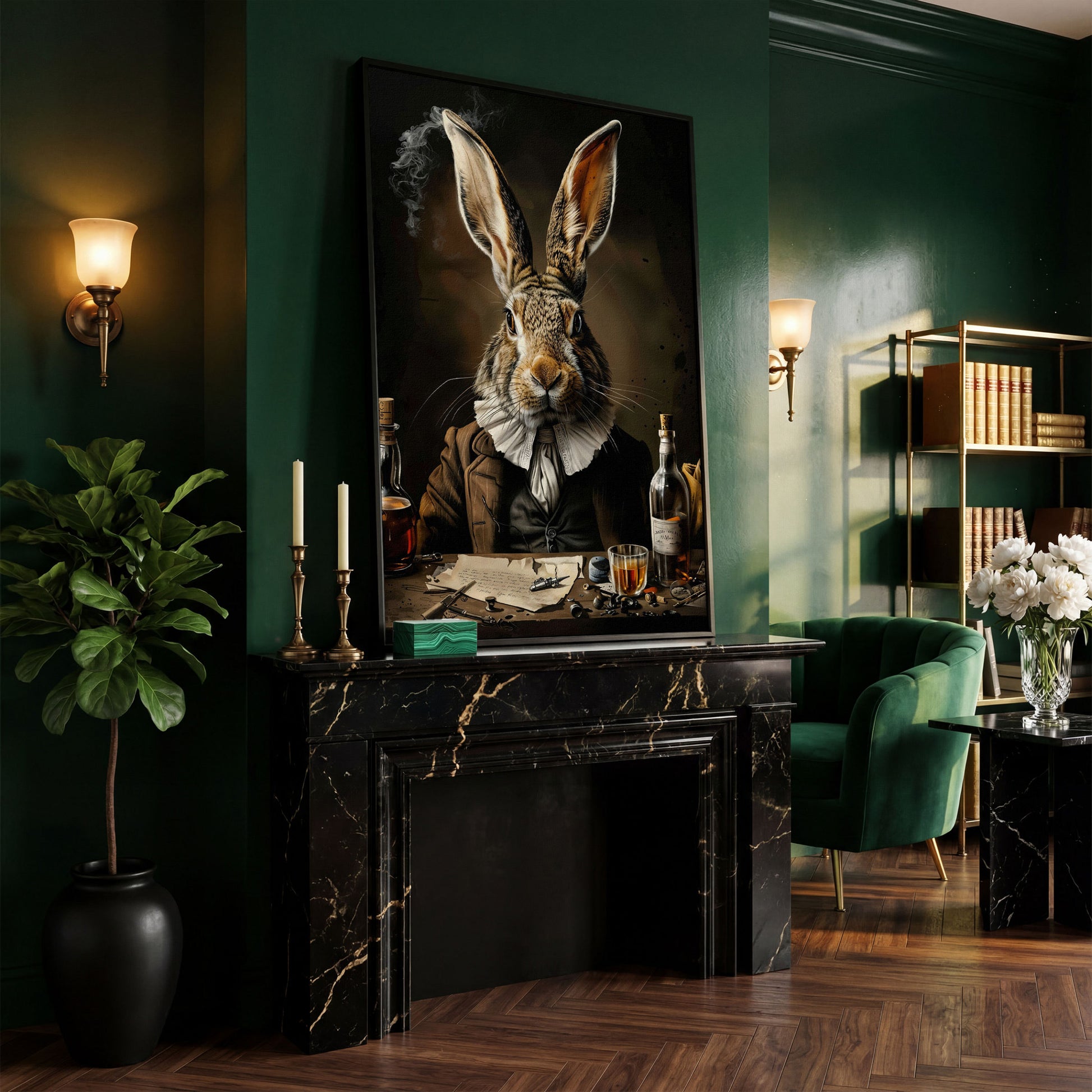 Victorian Bunny with Whiskey Canvas Print in black floating frame