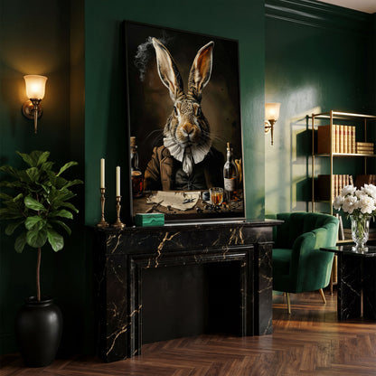 Victorian Bunny with Whiskey Canvas Print in black floating frame
