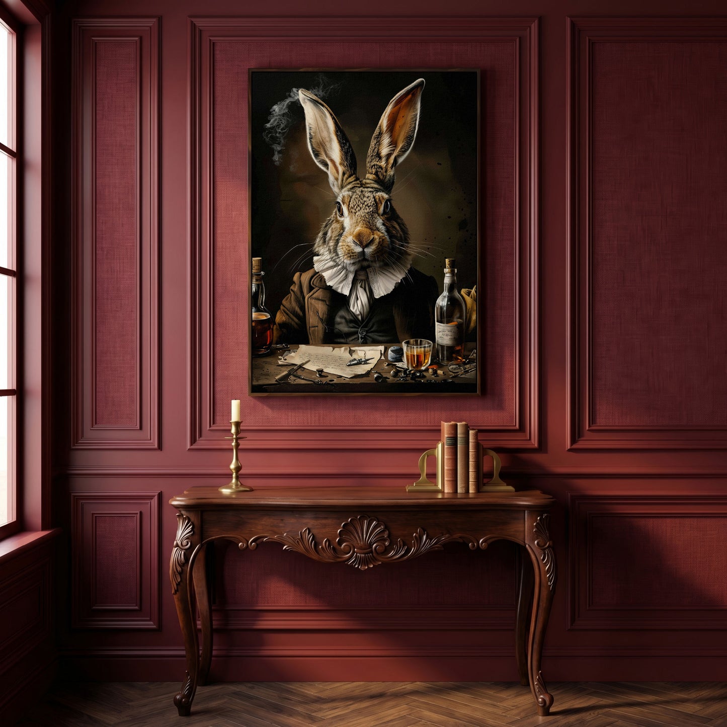 Victorian Bunny with Whiskey Canvas Print in dark walnut floating frame
