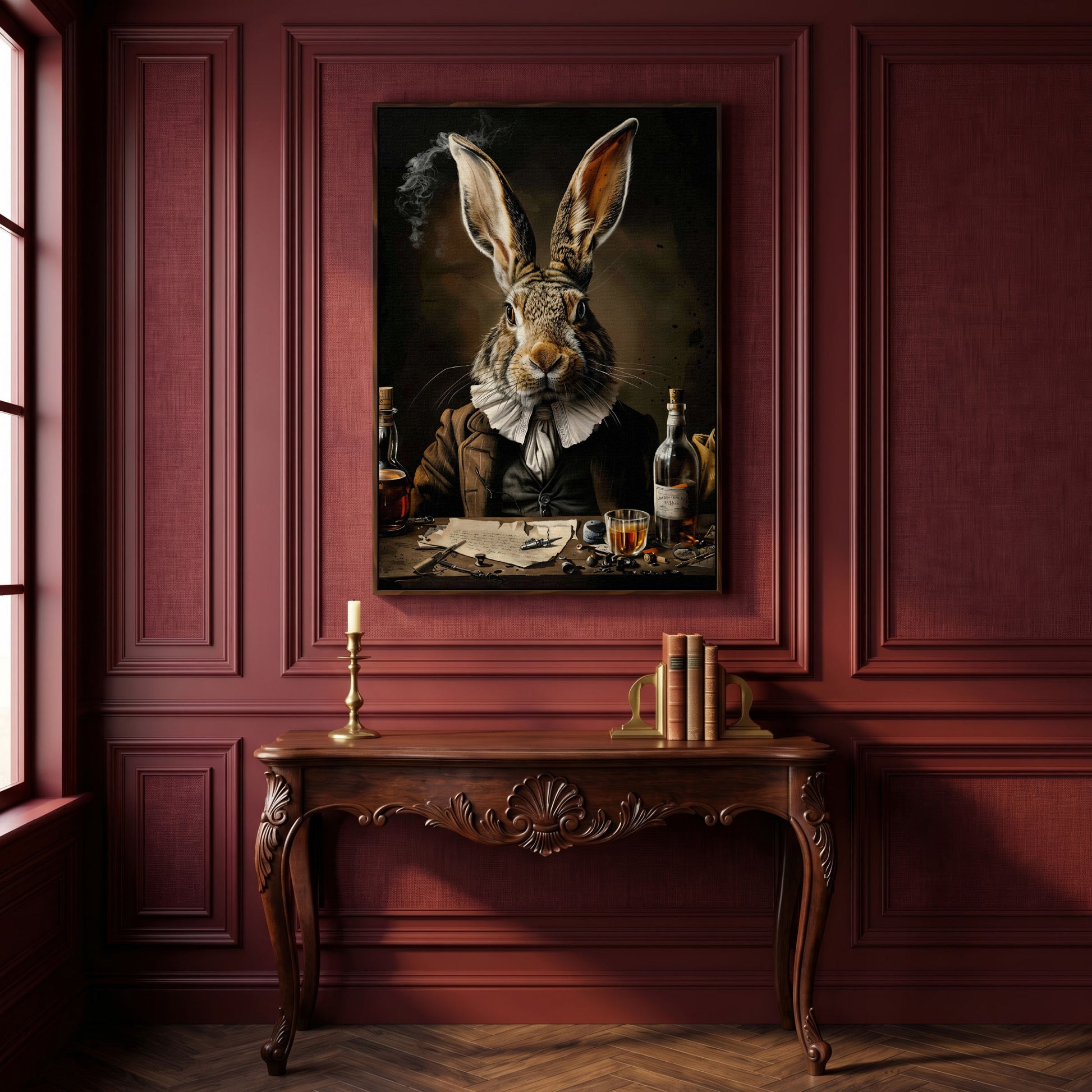 Victorian Bunny with Whiskey Canvas Print in dark walnut floating frame