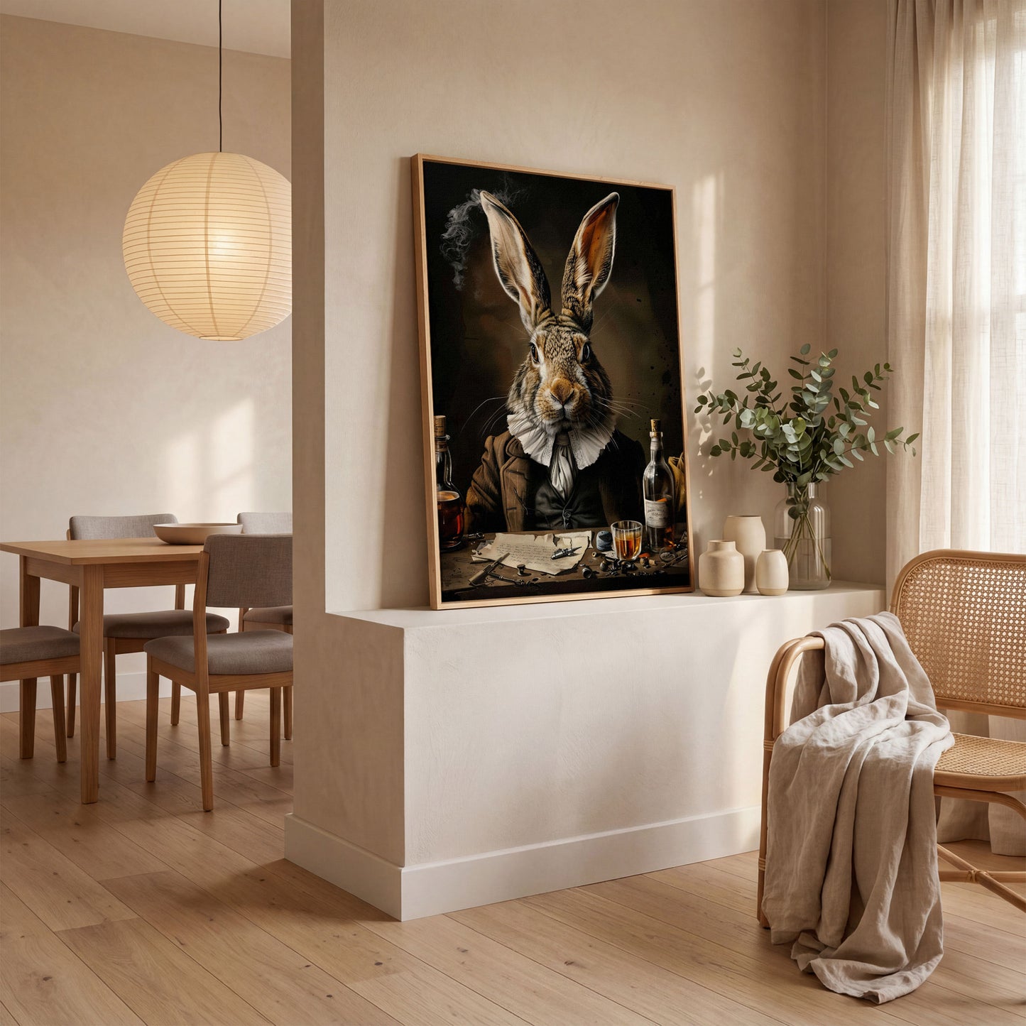 Victorian Bunny with Whiskey Canvas Print in white oak floating frame