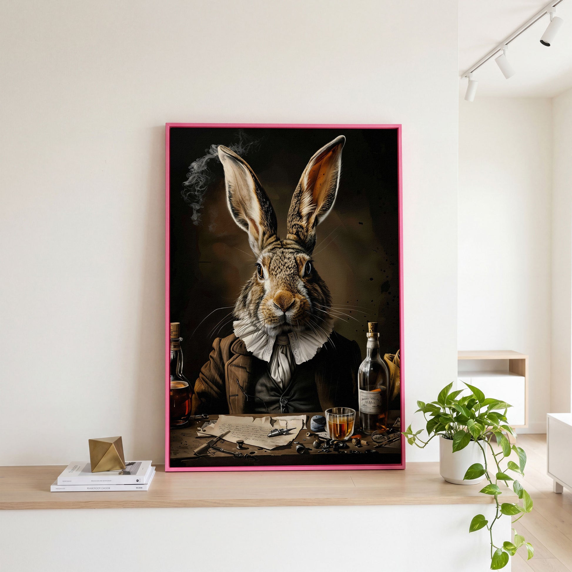 Victorian Bunny with Whiskey Canvas Print in pink floating frame