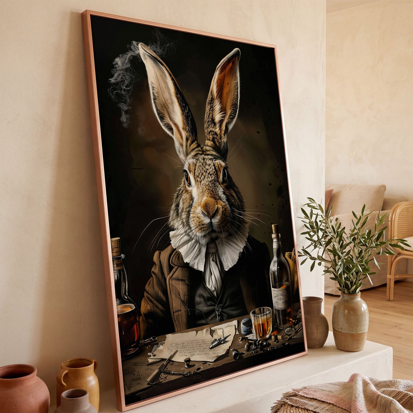 Victorian Bunny with Whiskey Canvas Print in rose gold floating frame