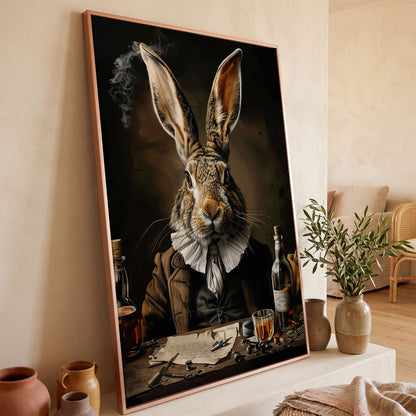 Victorian Bunny with Whiskey Canvas Print in rose gold floating frame