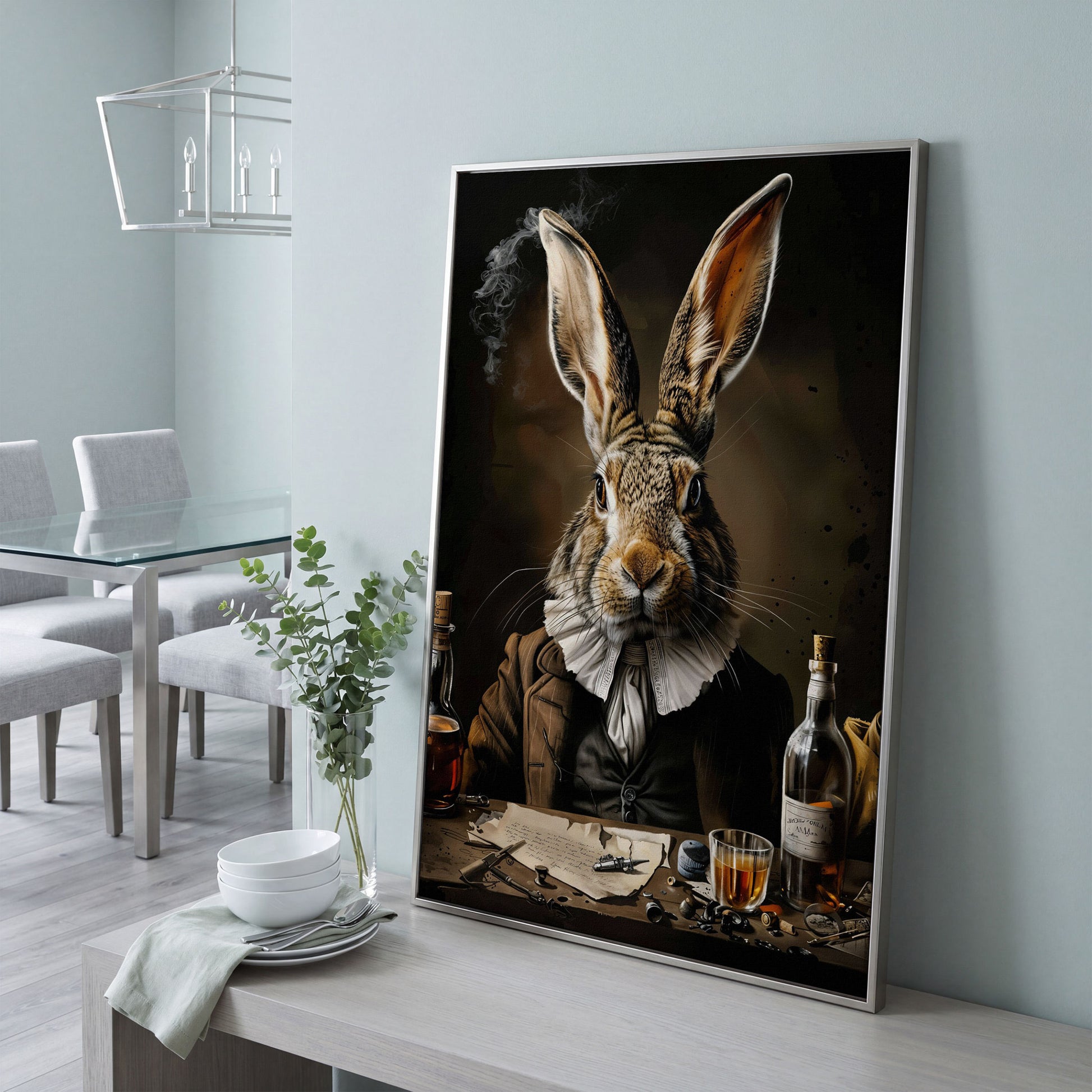 Victorian Bunny with Whiskey Canvas Print in silver floating frame