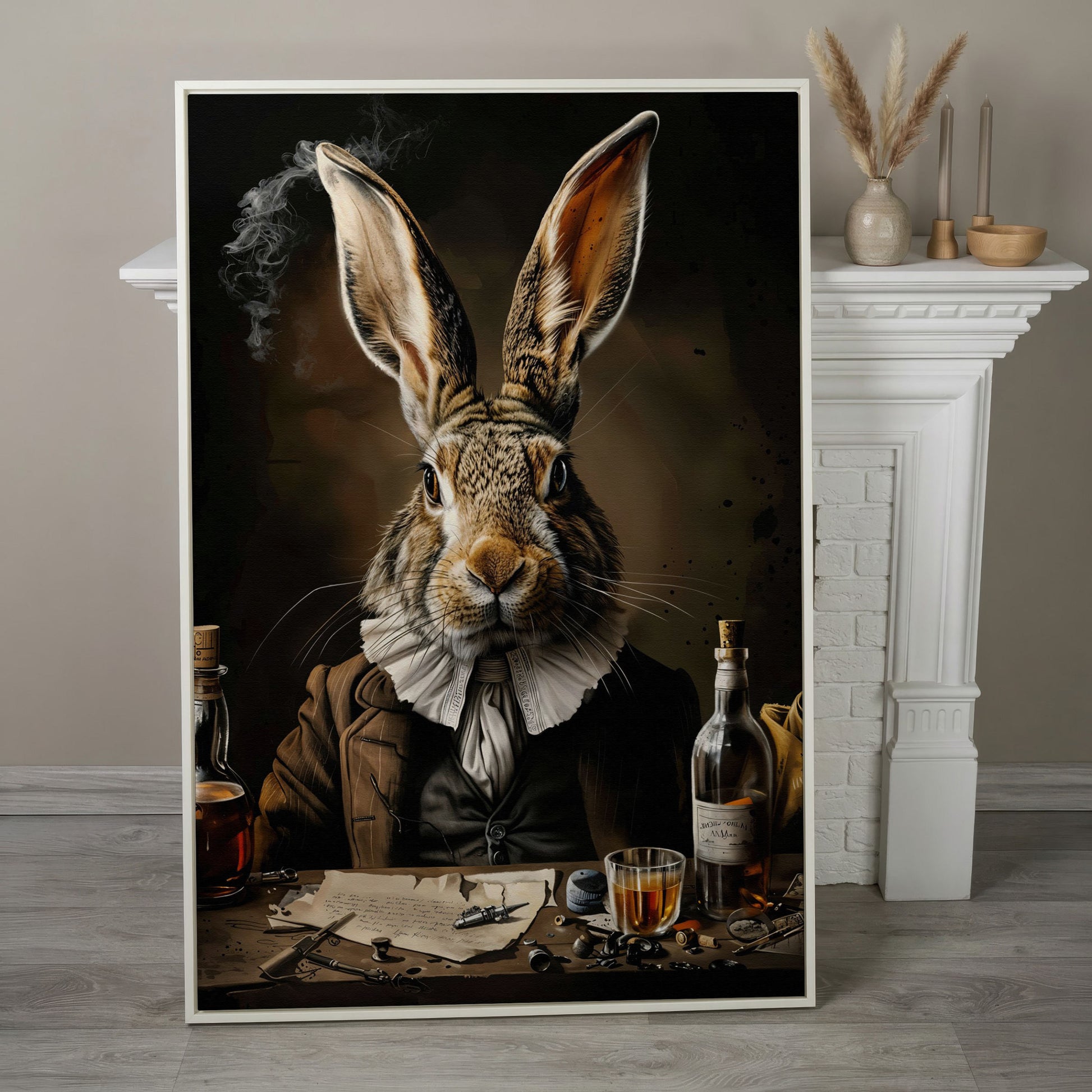Victorian Bunny with Whiskey Canvas Print in white floating frame