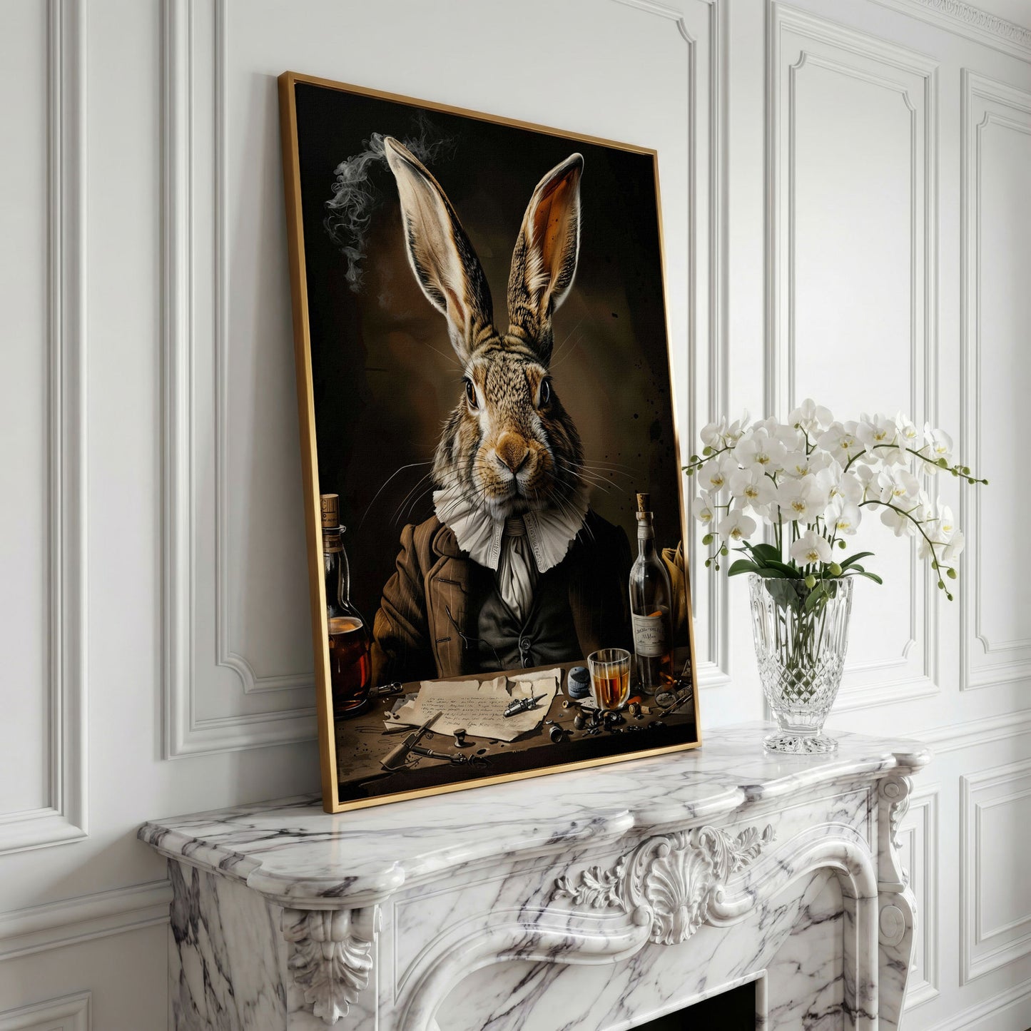 Victorian Bunny with Whiskey Canvas Print in yellow gold floating frame