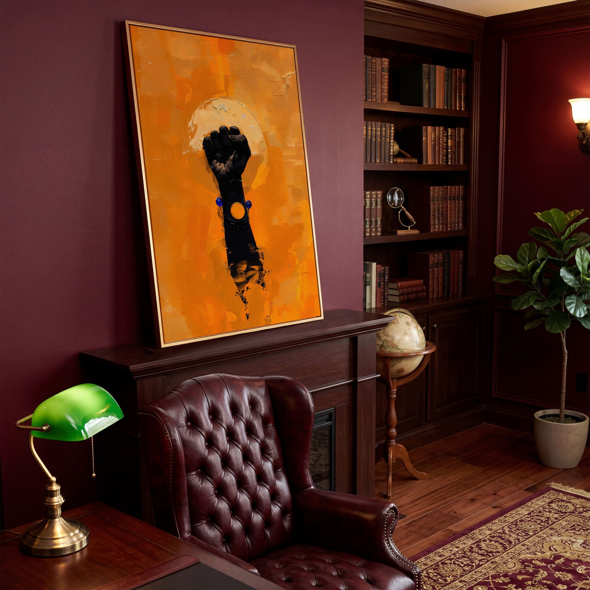 Power Fist Canvas Print in Burnt Orange and Black in antique gold floating frame