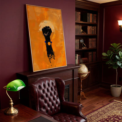 Power Fist Canvas Print in Burnt Orange and Black in antique gold floating frame