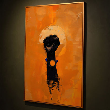 Power Fist Canvas Print in Burnt Orange and Black shown in antique gold floating frame