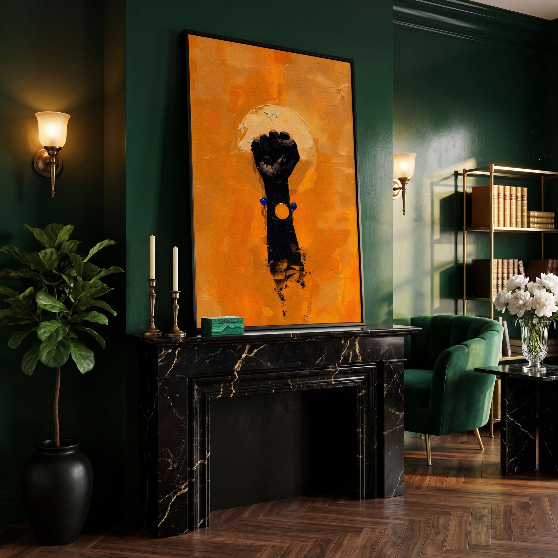 Power Fist Canvas Print in Burnt Orange and Black in black floating frame