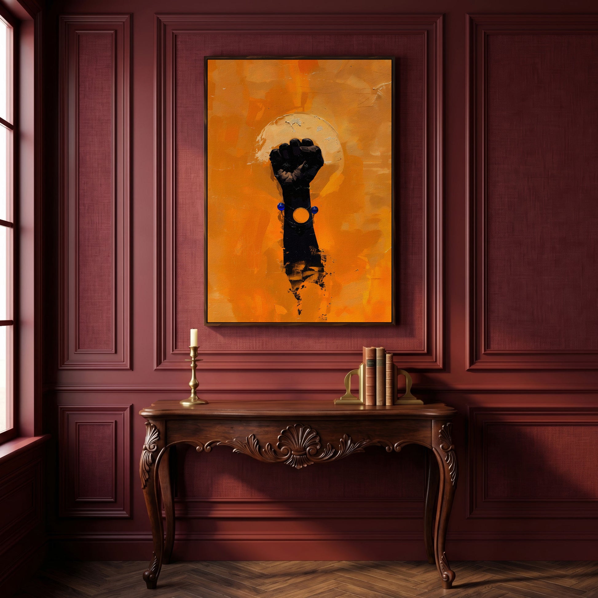 Power Fist Canvas Print in Burnt Orange and Black in dark walnut floating frame