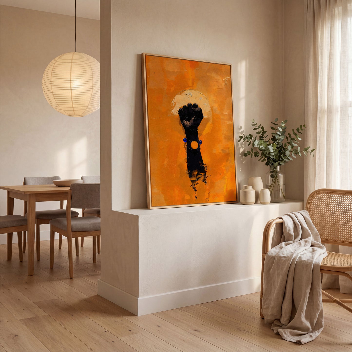 Power Fist Canvas Print in Burnt Orange and Black in white oak floating frame