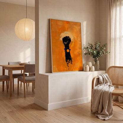 Power Fist Canvas Print in Burnt Orange and Black in white oak floating frame