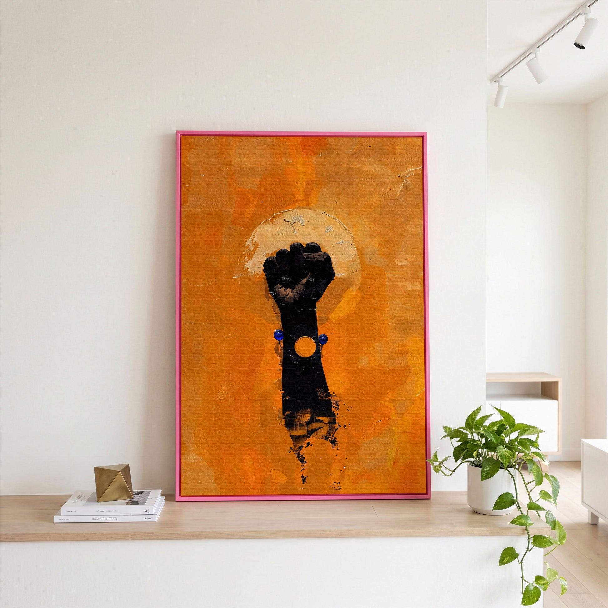 Power Fist Canvas Print in Burnt Orange and Black in pink floating frame