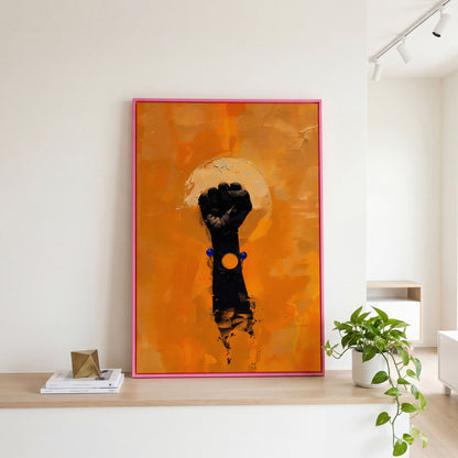 Power Fist Canvas Print in Burnt Orange and Black in pink floating frame