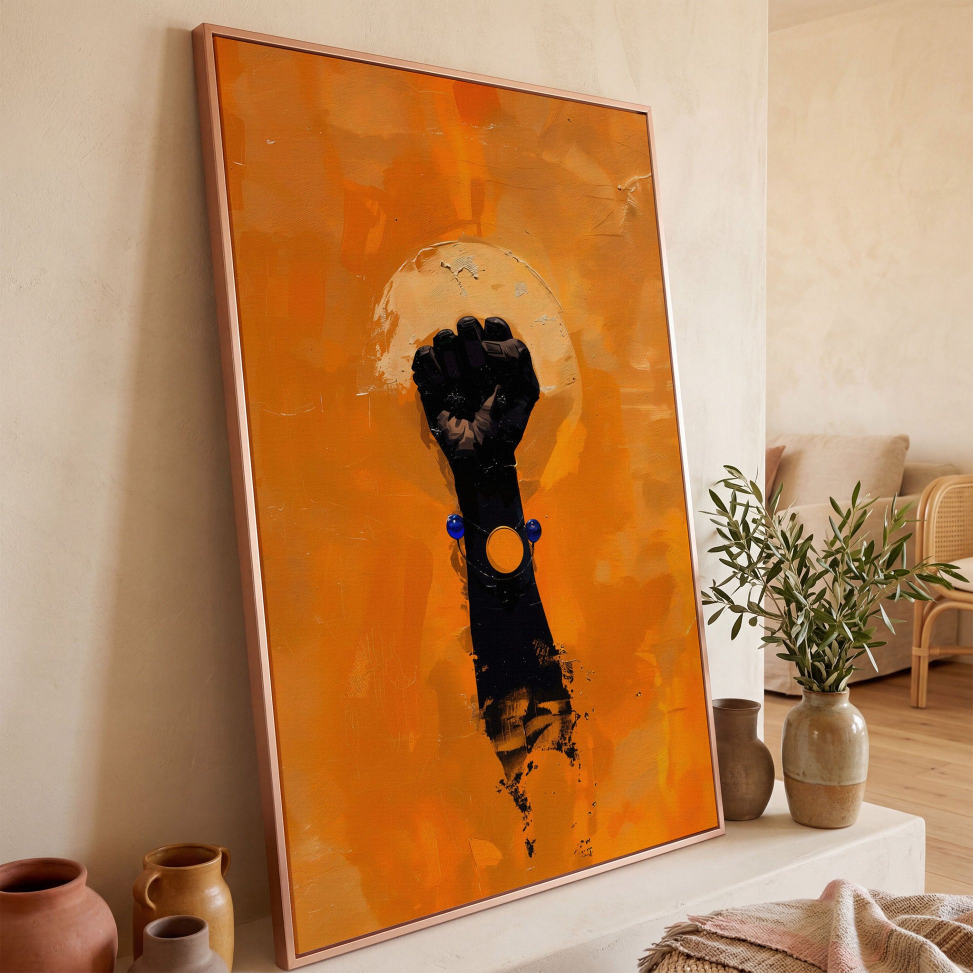 Power Fist Canvas Print in Burnt Orange and Black in rose gold floating frame
