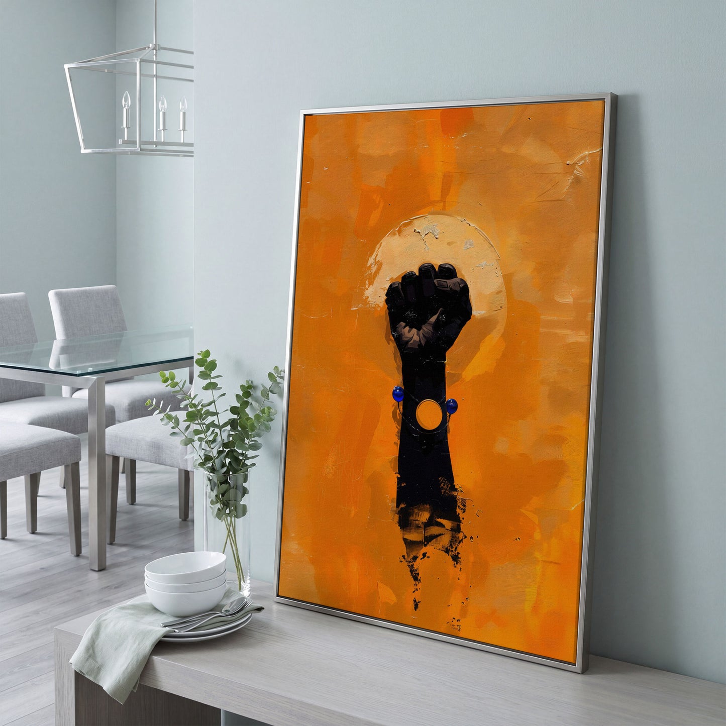 Power Fist Canvas Print in Burnt Orange and Black in silver floating frame