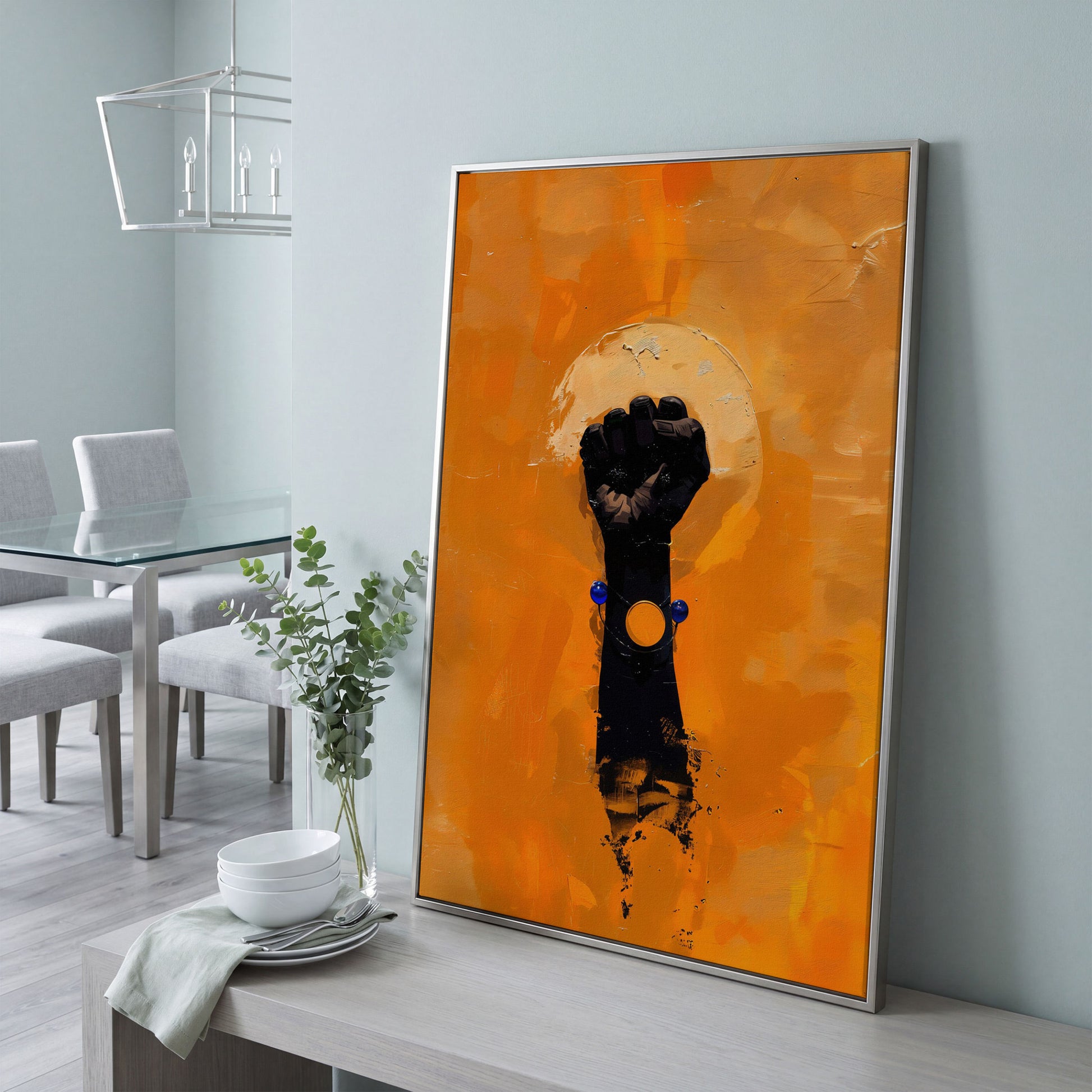Power Fist Canvas Print in Burnt Orange and Black in silver floating frame