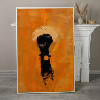 Power Fist Canvas Print in Burnt Orange and Black in white floating frame