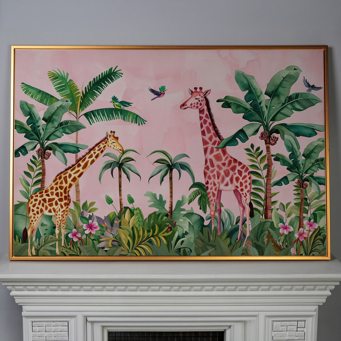 Whimsical Jungle Giraffe Canvas Print for Nurseries in antique gold floating frame