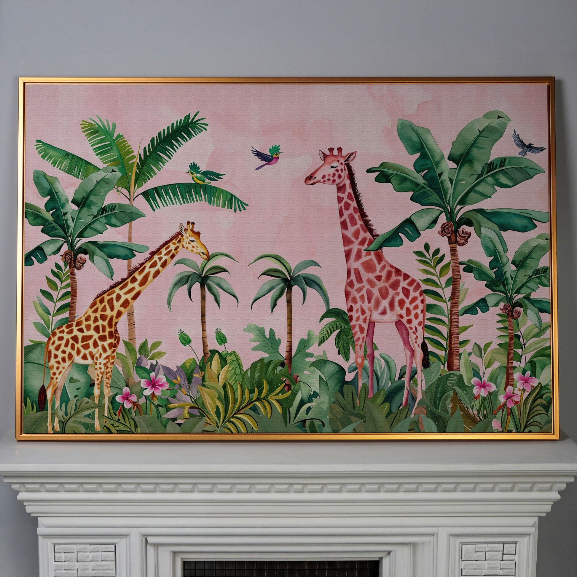 Whimsical Jungle Giraffe Canvas Print for Nurseries in antique gold floating frame