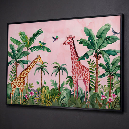 Whimsical Jungle Giraffe Canvas Print for Nurseries shown in black floating frame