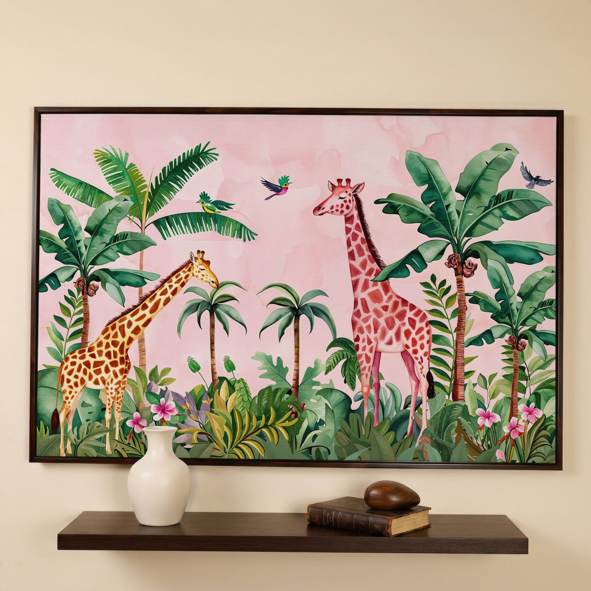 Whimsical Jungle Giraffe Canvas Print for Nurseries in dark walnut floating frame