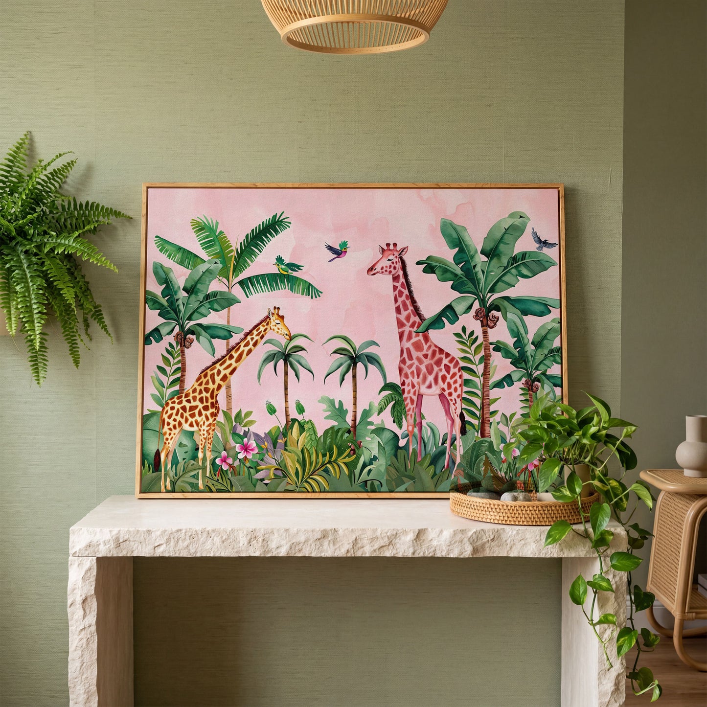 Whimsical Jungle Giraffe Canvas Print for Nurseries in white oak floating frame