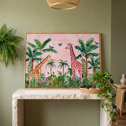 Whimsical Jungle Giraffe Canvas Print for Nurseries in white oak floating frame
