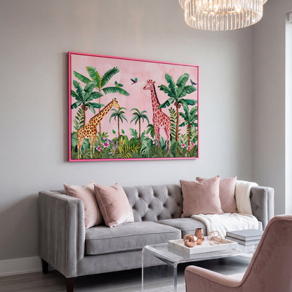 Whimsical Jungle Giraffe Canvas Print for Nurseries in pink floating frame