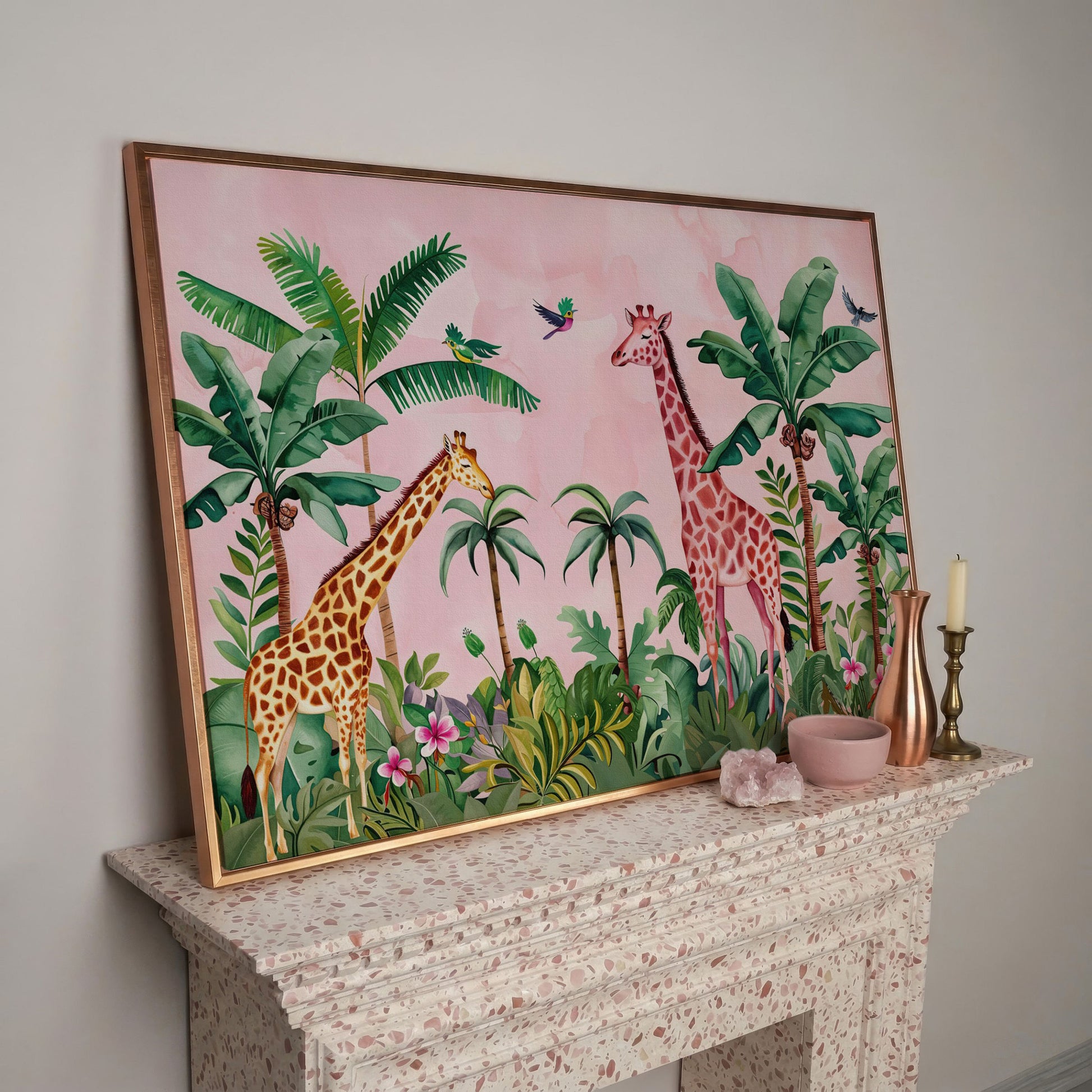 Whimsical Jungle Giraffe Canvas Print for Nurseries in rose gold floating frame