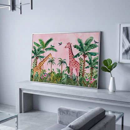 Whimsical Jungle Giraffe Canvas Print for Nurseries in silver floating frame