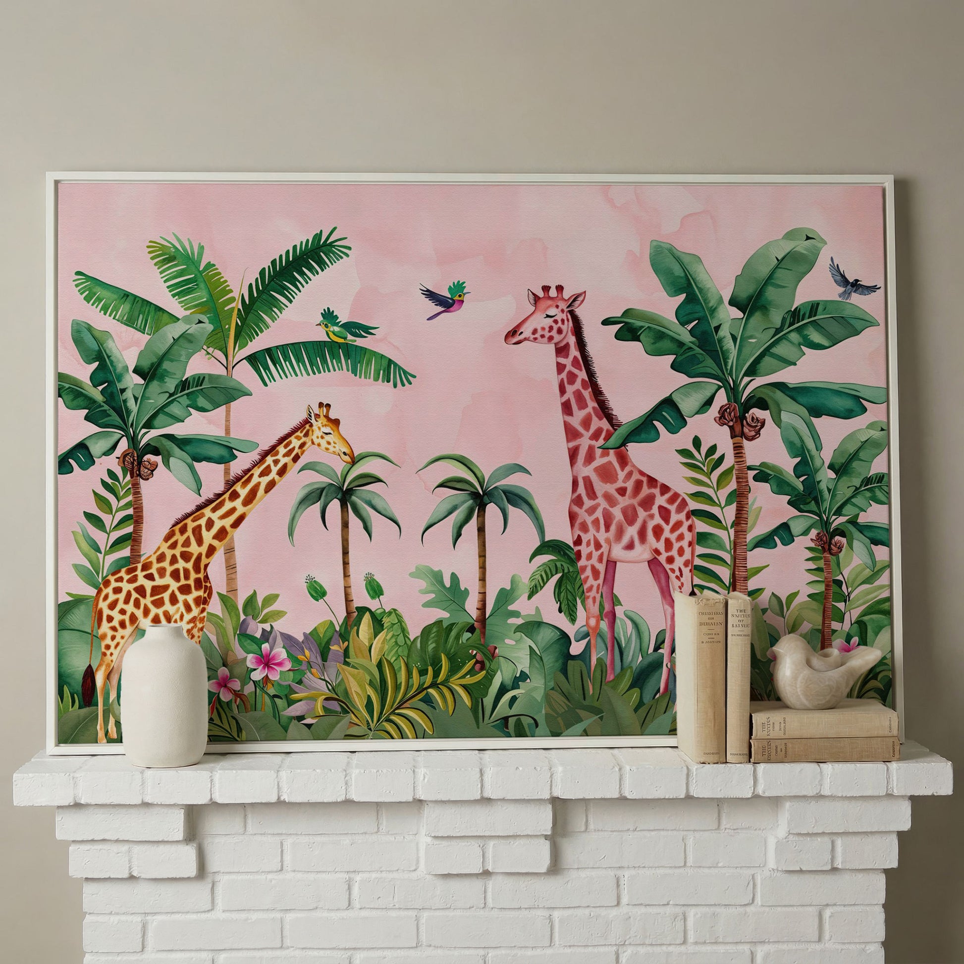 Whimsical Jungle Giraffe Canvas Print for Nurseries in white floating frame
