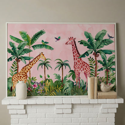 Whimsical Jungle Giraffe Canvas Print for Nurseries in white floating frame